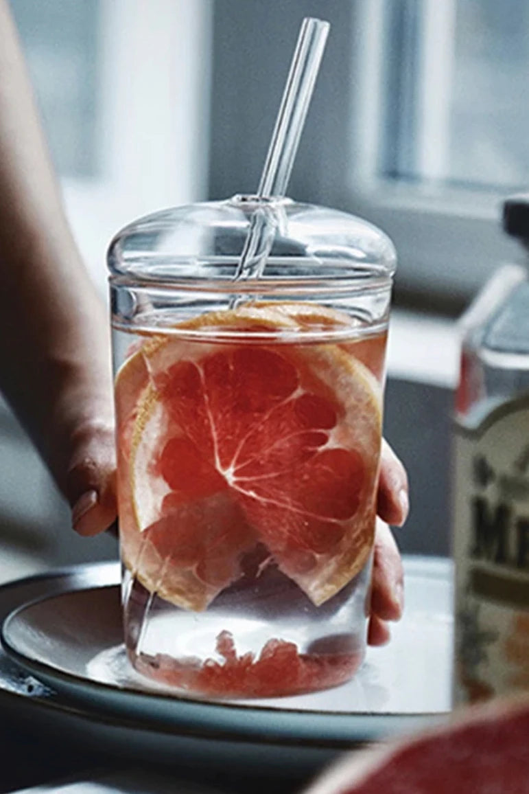 Glass dome tumbler with glass straw