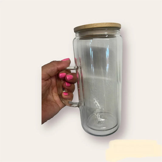 16oz double walled glass mug with handle