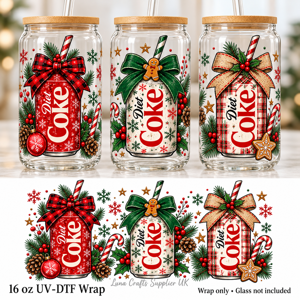 Three views of Christmas Diet Coke UV-DTF wrap on 16oz glasses, with complete flat design below. Wrap only.