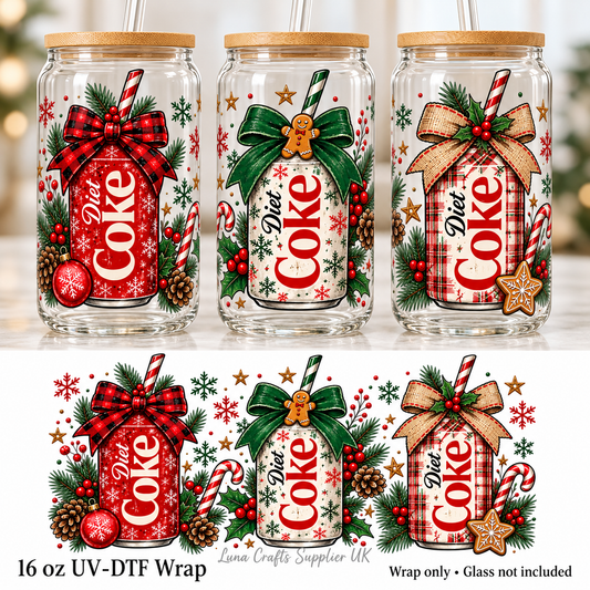 Three views of Christmas Diet Coke UV-DTF wrap on 16oz glasses, with complete flat design below. Wrap only.