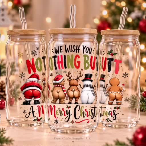 Nothing Butt a Merry Christmas – festive 16oz glass can UV-DTF wrap mockup