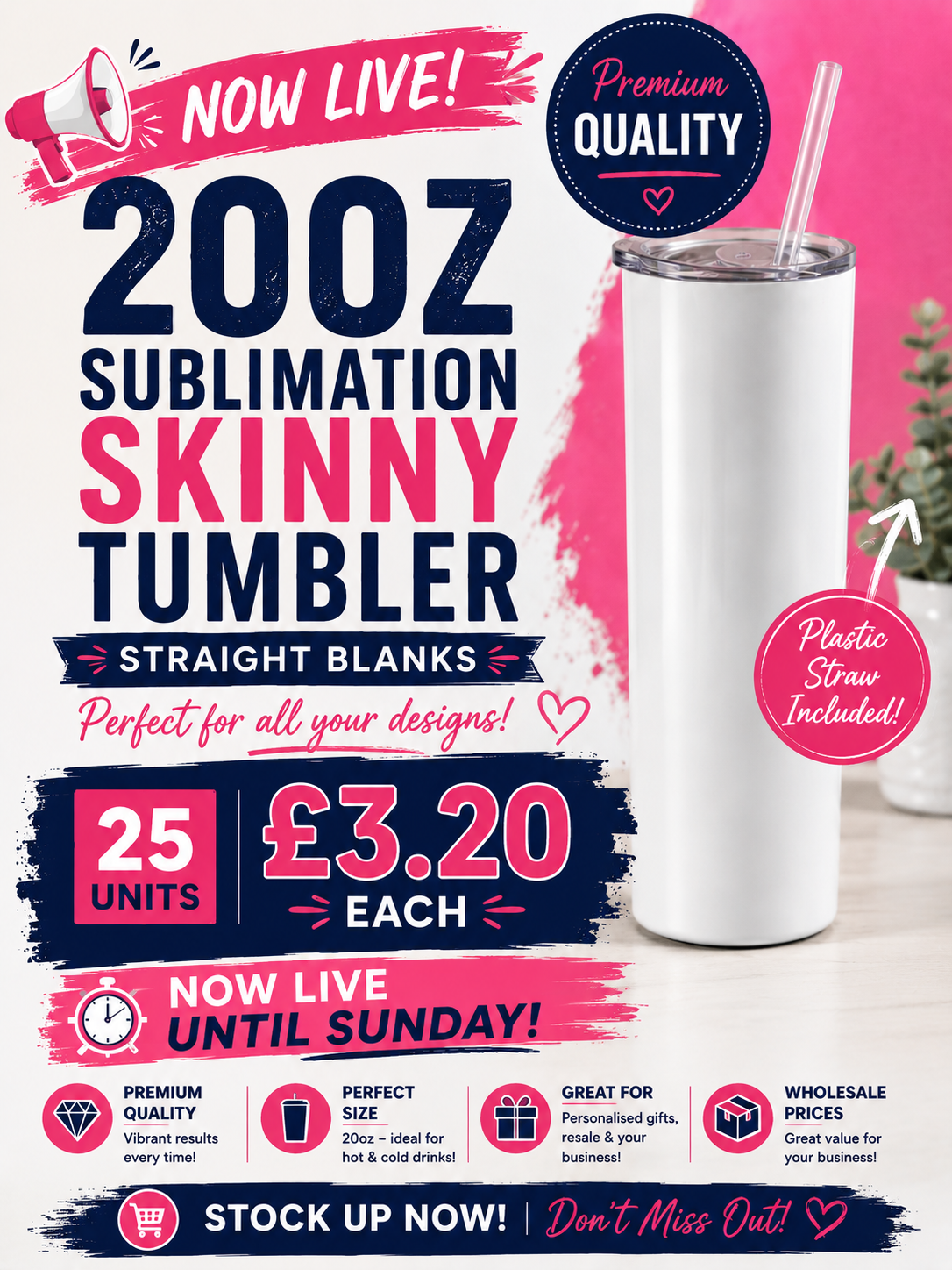 BULK 20oz sublimation tumblers with plastic straw