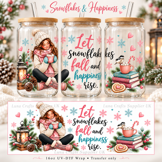 Three 16oz glass can mockups showing Snowflakes & Happiness Christmas UV-DTF wrap, with full design preview below