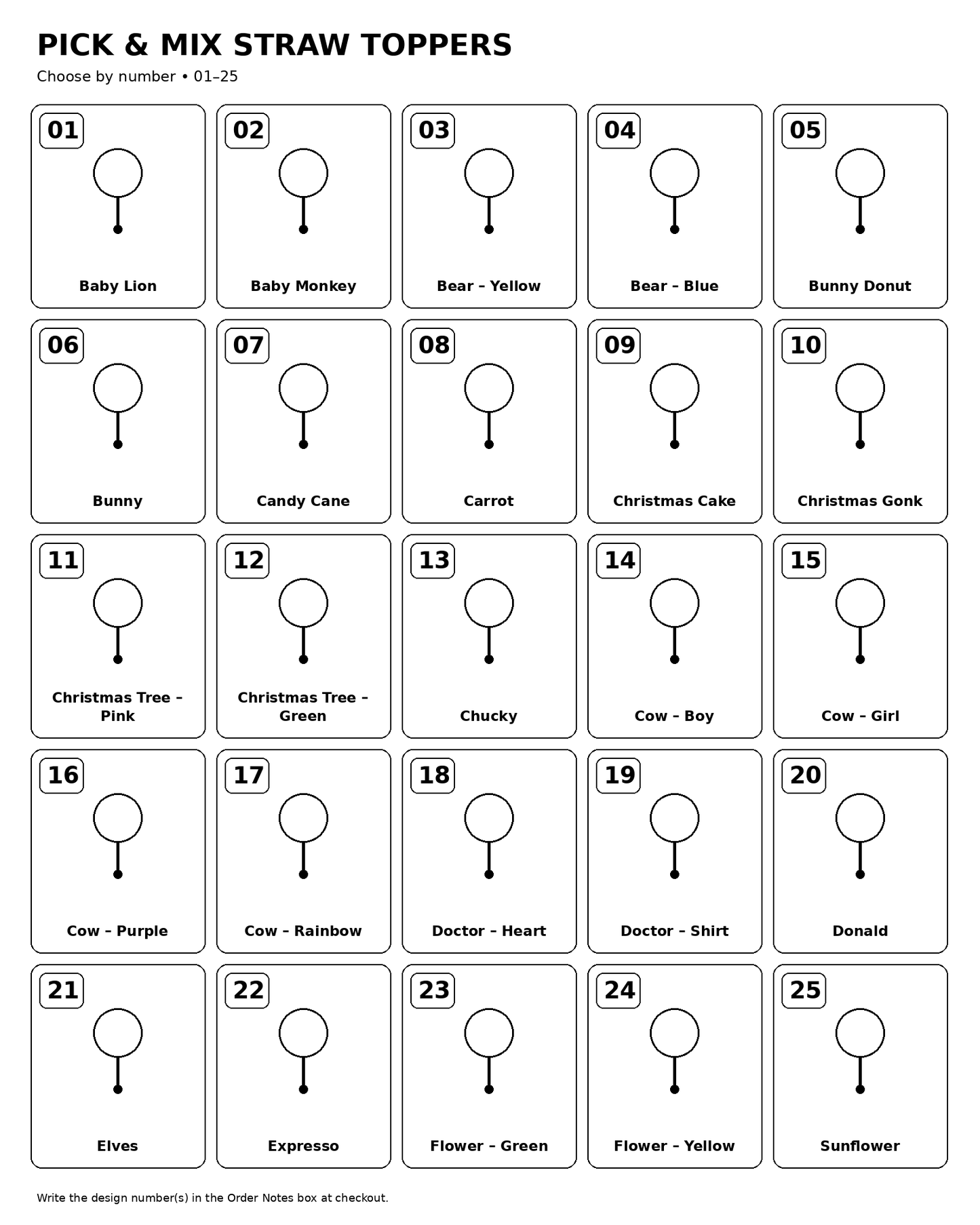 Pick and Mix Straw Toppers catalogue 01 to 25