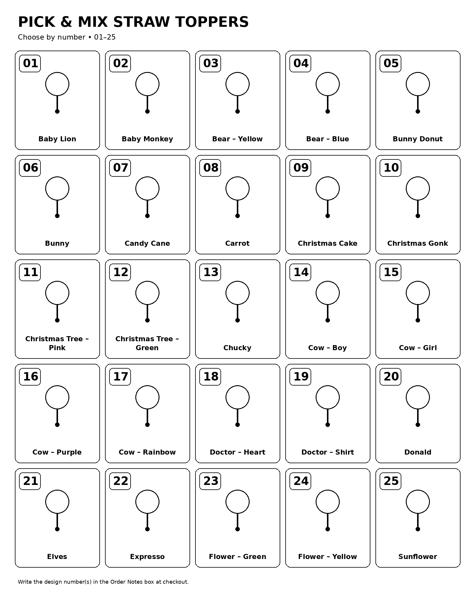 Pick and Mix Straw Toppers catalogue 01 to 25