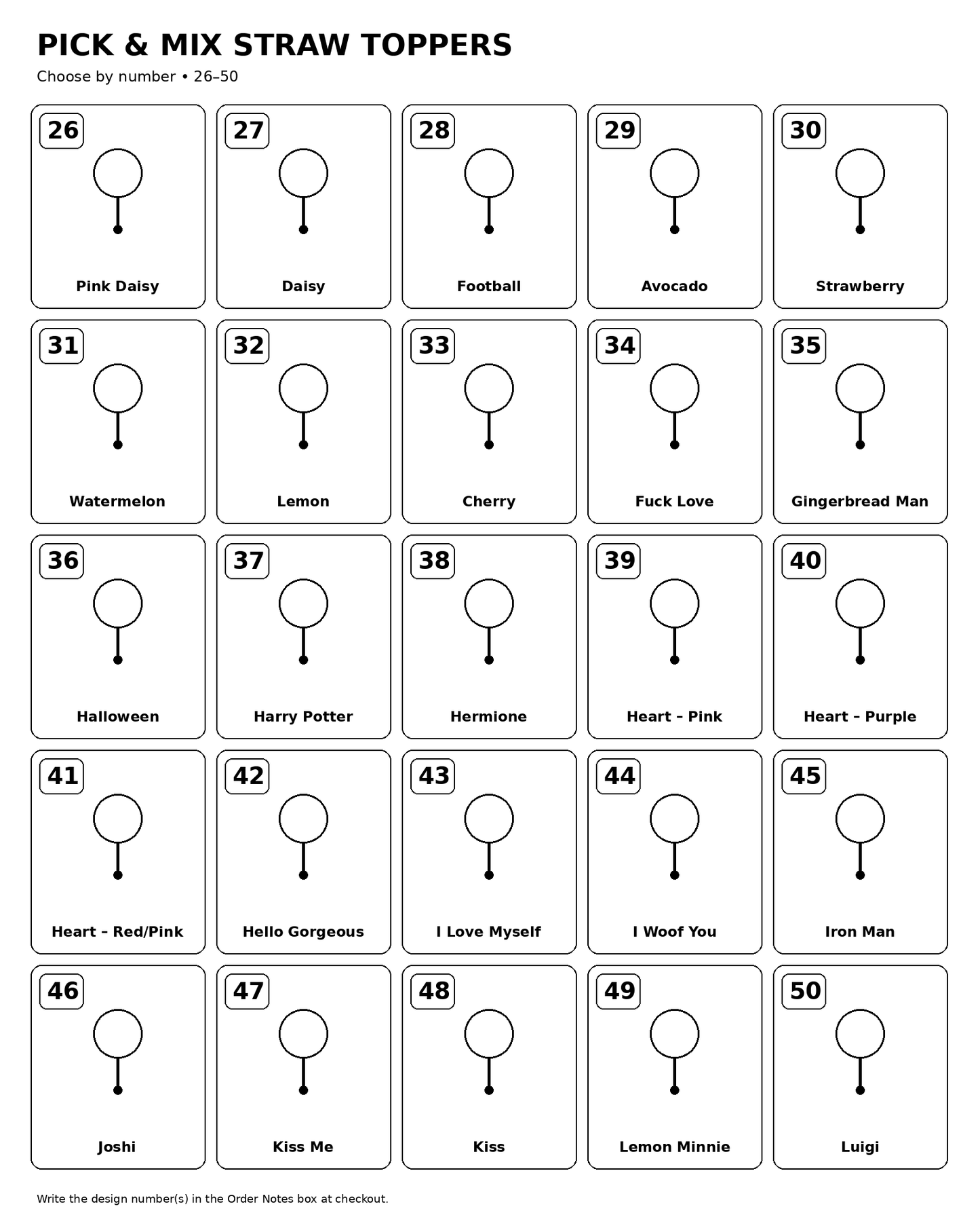 Pick and Mix Straw Toppers catalogue 26 to 50