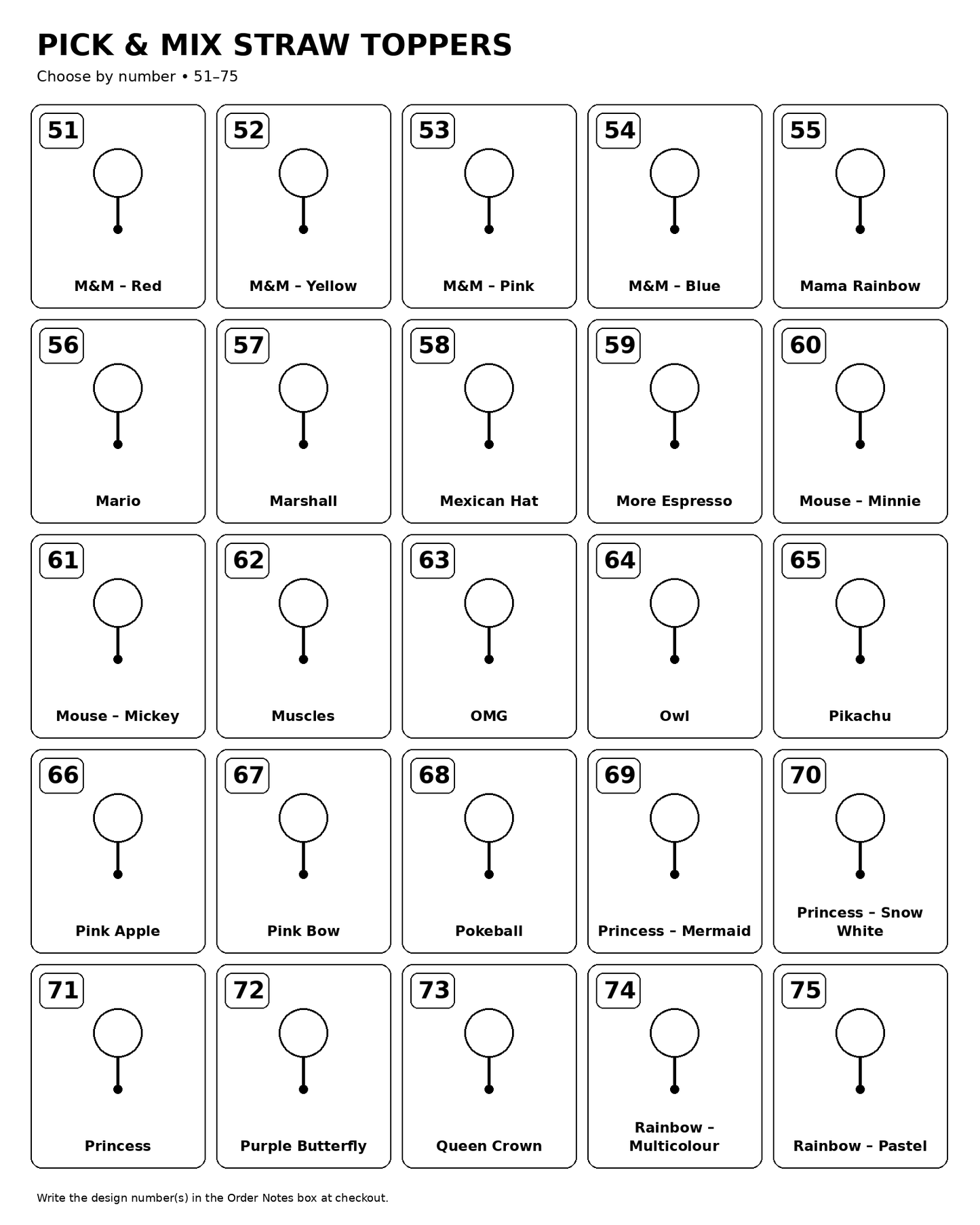 Pick and Mix Straw Toppers catalogue 51 to 75