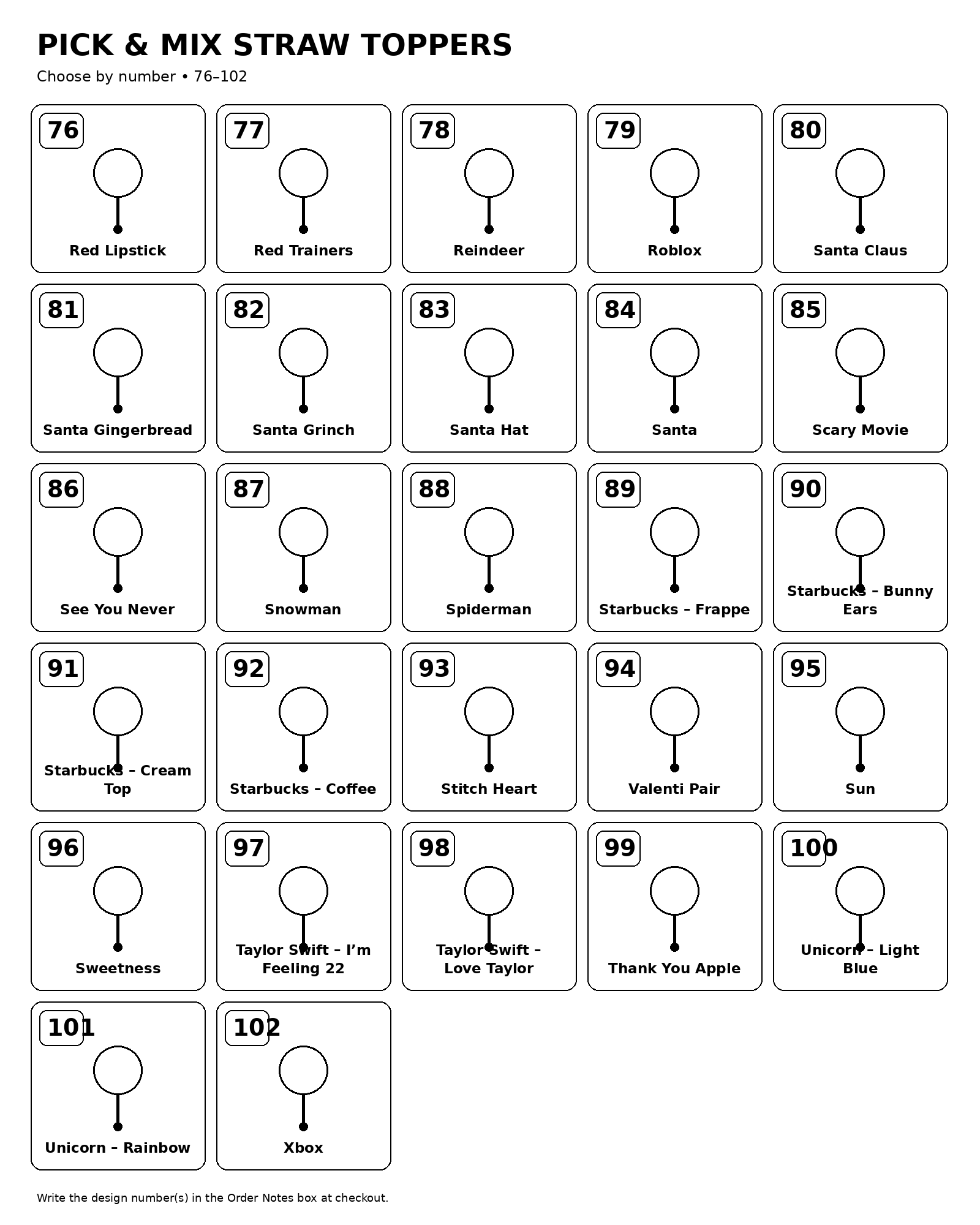 Pick and Mix Straw Toppers catalogue 76 to 102